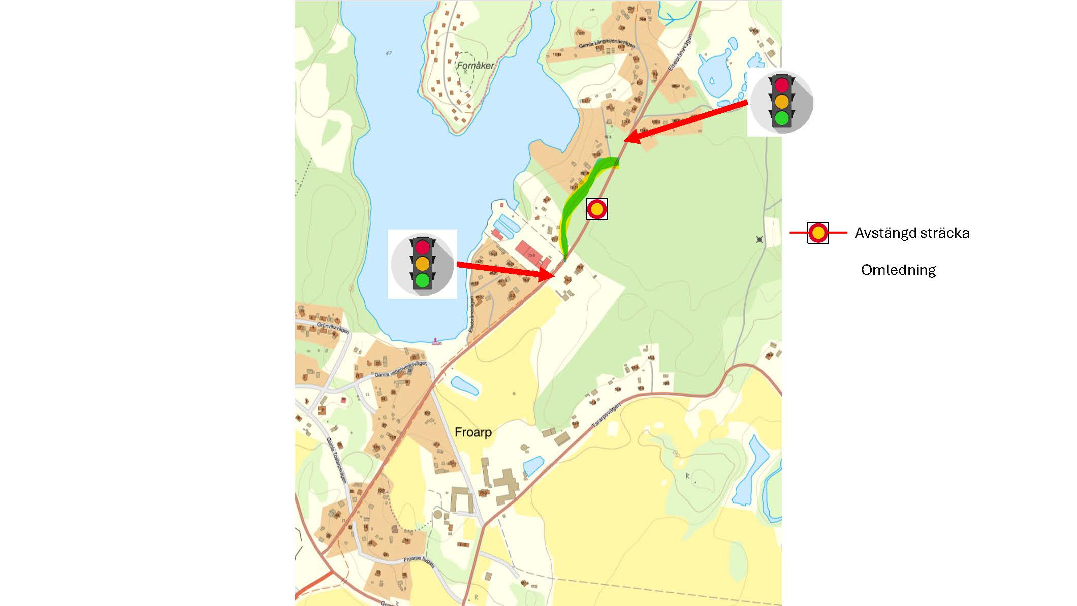 Karta som visar trafikomledning av Elsebrånevägen under pågånde arbeten 22-26 juni 2026.