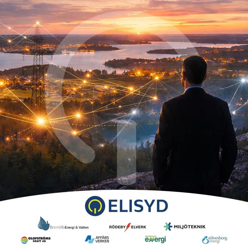 Bild med illustrerad stadsvy som visar Elisyds logotyp och medverkande energiföretag.